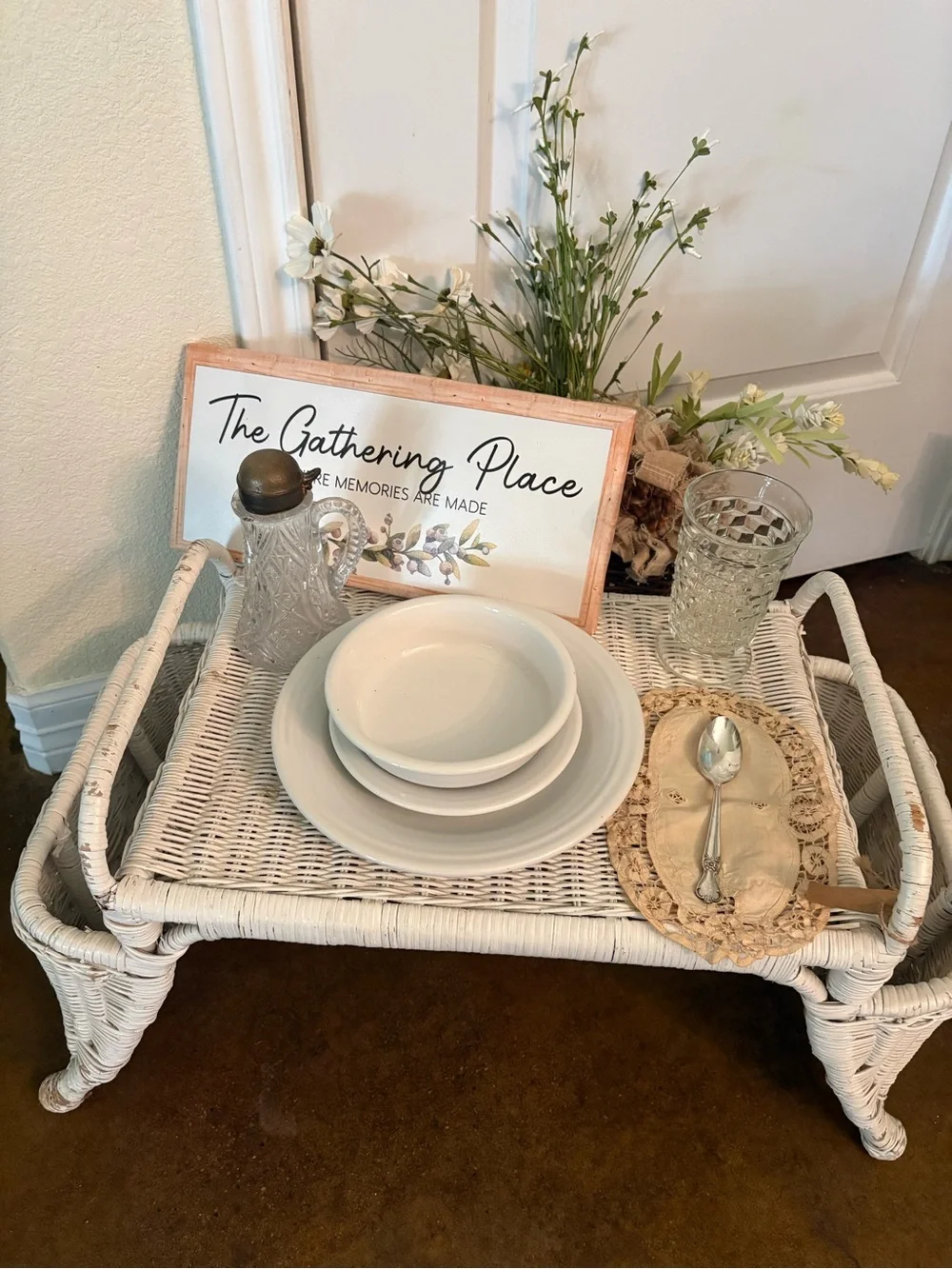 White Wicker Serving Tray Table - Home Dining